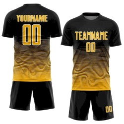 Custom Black Gold-White Gradient Line Sublimation Soccer Uniform Jersey