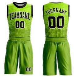 Custom Neon Green Black-White Round Neck Sublimation Basketball Suit Jersey