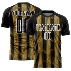 Custom Black Old Gold-White Abstract Network Sublimation Soccer Uniform Jersey