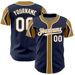 Custom Navy White-Old Gold 3 Colors Arm Shapes Authentic Baseball Jersey