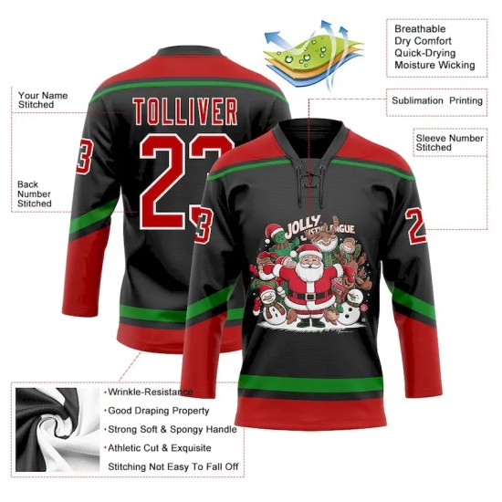 Custom Black Red-Grass Green Funny Christmas 3D Hockey Lace Neck Jersey