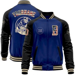 Custom Royal Vintage USA Flag Cream-Black Bomber Varsity Letterman Two Tone Zipper Jacket